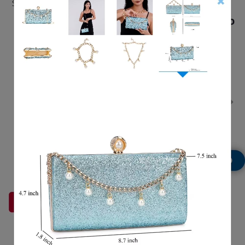 Elegant Blue Glitter Clutch with Pearl Chain 3 In 1 Clutch, Bracelet, & Necklace